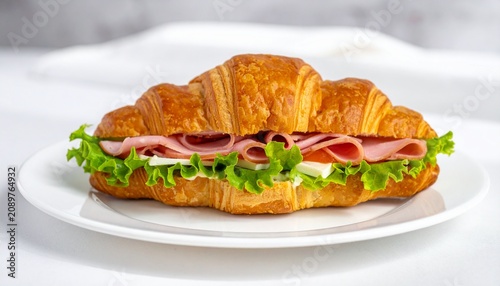 Golden croissant sandwich with ham, lettuce, and cheese on white plate, flaky texture and fresh ingredients highlighted by soft lighting in clean, modern dining setting.