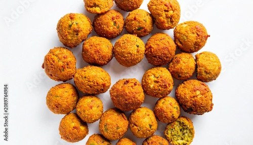 Golden fried falafel balls on white background, one broken open showing crumbly yellow-green interior, crisp texture and appetizing lighting emphasizing savory snack appeal.