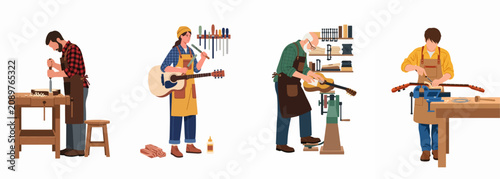 Set of diverse luthiers crafting and repairing acoustic guitars in their workshops, featuring professional men and women artisans at work.