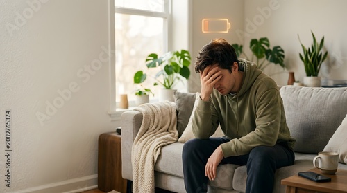 Frustrated man sitting on a sofa holding his head