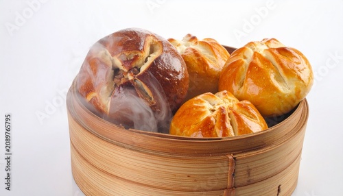 Golden-brown loaf of bread with glossy crust and airy interior on white background, detailed texture highlighting craftsmanship, warmth, and artisanal baking perfection.