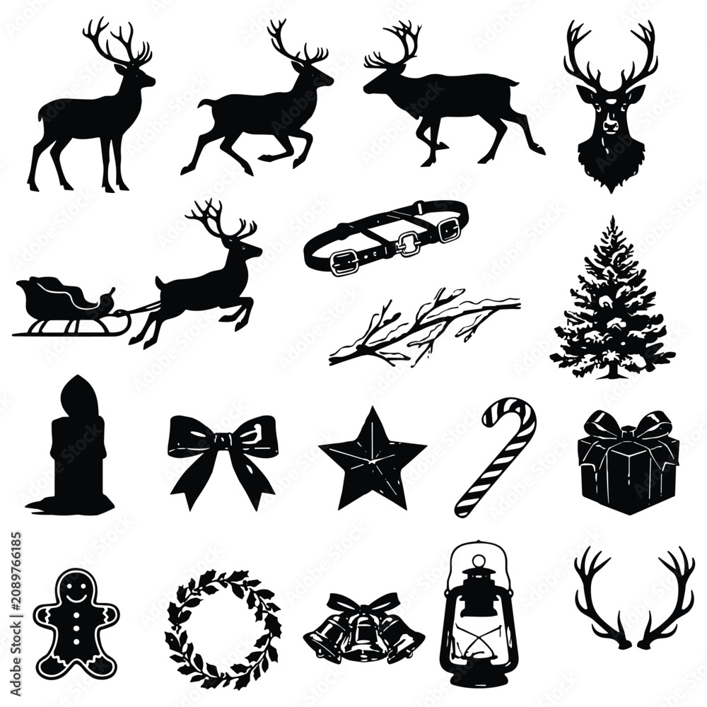 Fototapeta premium Traditional christmas silhouettes including gingerbread man reindeer wreath and candle set