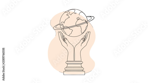 Illustration of hands holding a globe with a ring around it, symbolizing care and protection of the planet.