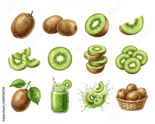 Watercolor kiwi fruit collection with smoothie and slices