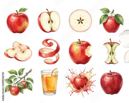 Watercolor apple collection with leaves, slices, and juice