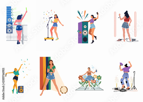 Set of flat vector illustrations featuring young women dancing and performing at a vibrant summer music festival with concert equipment and colorful decorations.