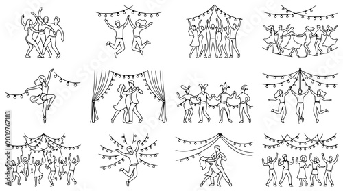 фотографія Diverse group of people dancing and celebrating with string lights, line art ill