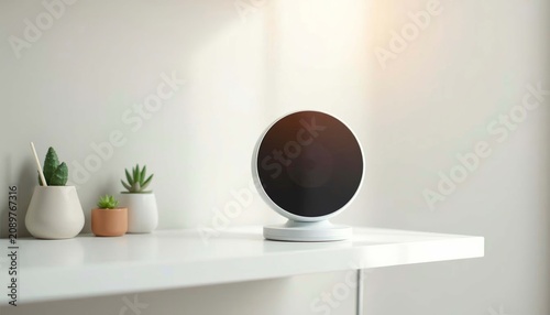 Modern smart speaker on white table with decorative plants  