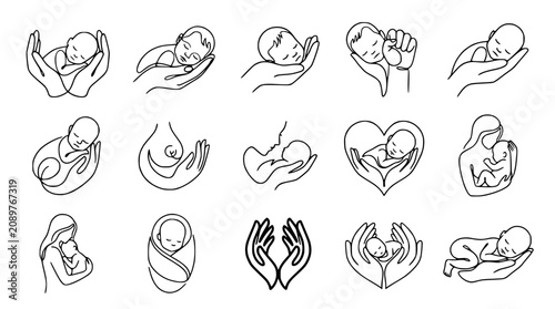 Foto Newborn Baby Care Icons: Embrace, Nurture, Love, Protection, Motherhood, Infancy