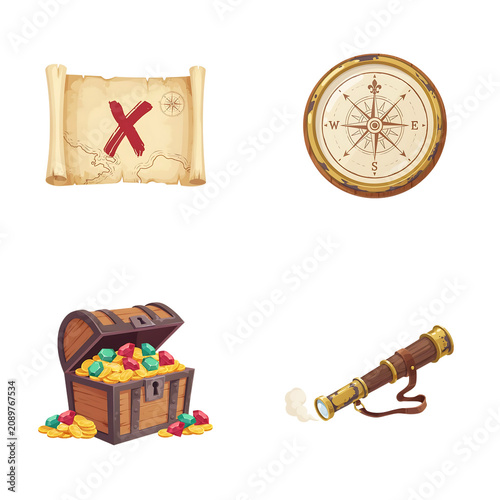Treasure Map and Compass with Chest and Telescope