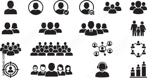 Black silhouette human avatar icon set for business communication displayed as a vector on transparent background