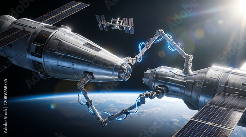 Futuristic Spacecraft Docking in Orbit Above Earth
