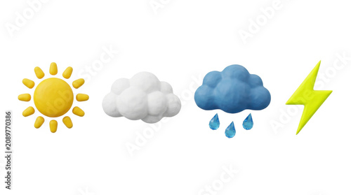 Set of four weather icons including sunny cloudy rainy and lightning storm illustrations.