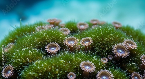 Vibrant green coral reef with pink and white sea anemones underwater