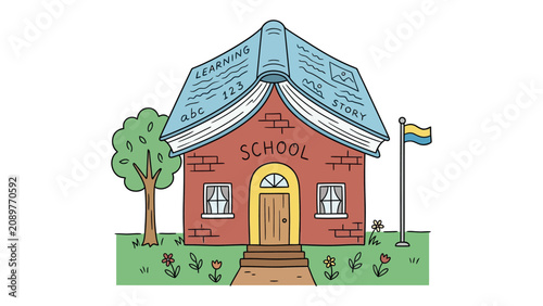 School of Knowledge: An illustrated schoolhouse with a book for a roof symbolizes the fusion of education and imagination, inviting young minds to explore the world of learning and storytelling.