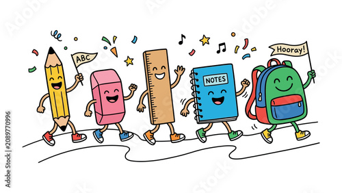 Photos Back to School Parade: A cheerful procession of anthropomorphic school supplies, including a pencil, eraser, ruler, notebook, and backpack, marches forward