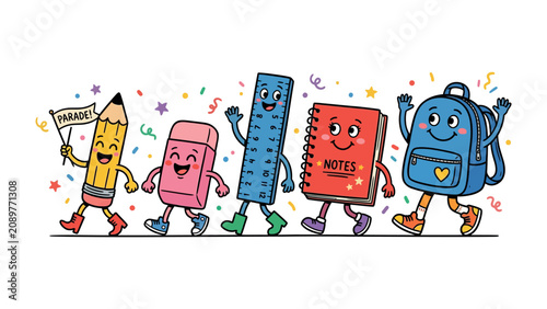 Tablou pe pânză Back to School Parade: A cheerful procession of anthropomorphic school supplies, including a pencil holding a 'Grade' flag, eraser, ruler, notebook, and backpack