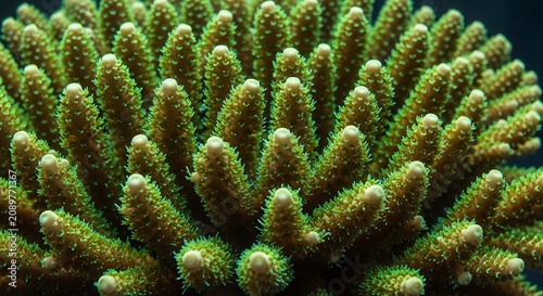 Vibrant green and brown coral with white tips on a dark background