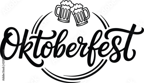 Oktoberfest lettering typography logo with clinking beer mugs, German festival celebration badge vector design