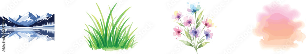 Fototapeta premium A set of four distinct watercolor illustrations including a mountain landscape, a clump of grass, a bouquet of wildflowers, and an abstract colorful shape