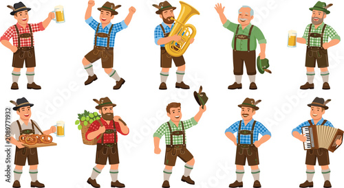Cuadro en lienzo Oktoberfest German men character set wearing traditional lederhosen holding beer