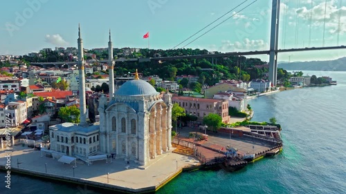 Aerial view of Buyuk Mecidiye Mosque and the Bosphorus waterfront. The mosque, nearby roads and the Bosphorus Bridge create a recognizable Istanbul cityscape.