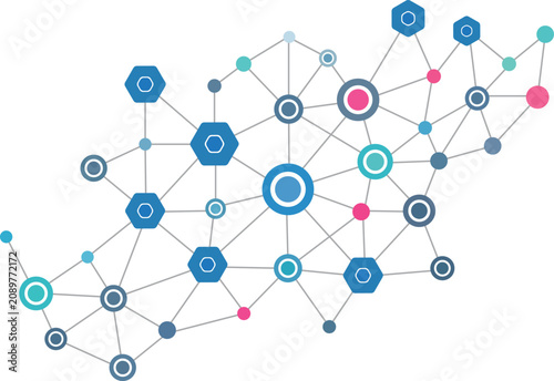Valokuva Network Connection Graphic: Abstract geometric network of interconnected nodes and lines, representing data flow, technology, and communication in a modern digital landscape