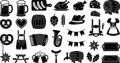 Oktoberfest German Bavarian traditional festival silhouette icon set with beer, pretzel, sausage, food, celebration vector