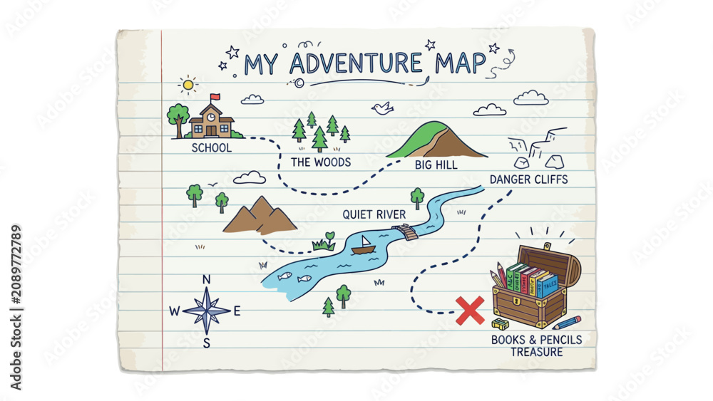 Naklejka premium Doodle Adventure Map: A hand-drawn doodle map on lined paper illustrates an exciting adventure with a school, woods, big hill, danger cliffs, a quiet river.