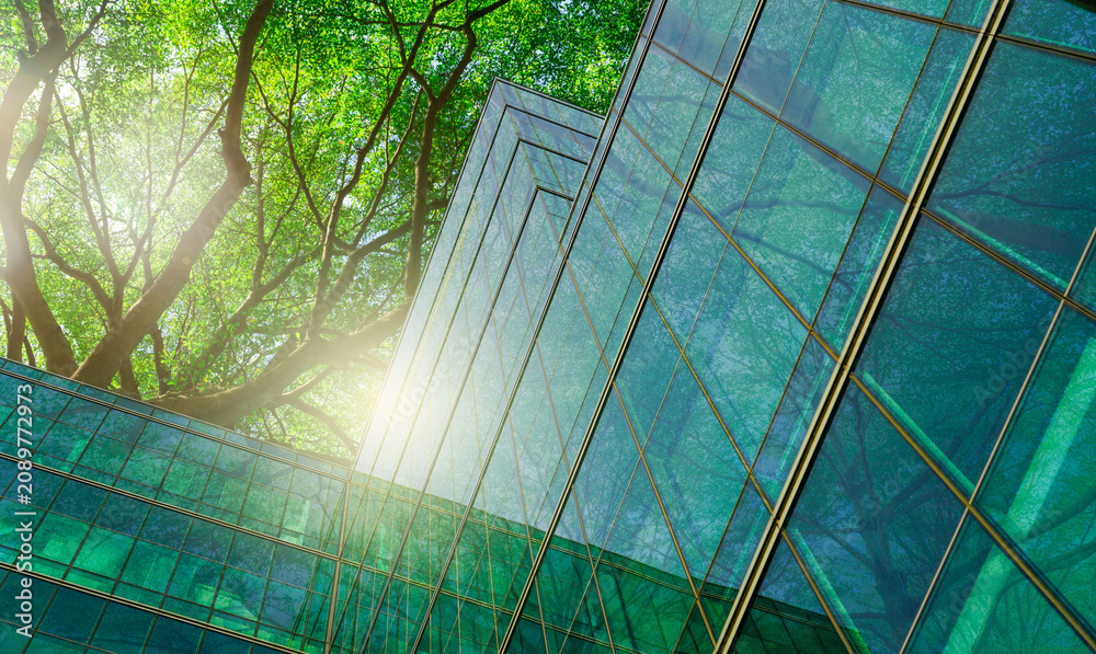 Naklejka premium Sustainble green building. Eco-friendly building in modern city. Sustainable glass office building with tree for reducing carbon dioxide. Office with green environment. Corporate building reduce CO2.