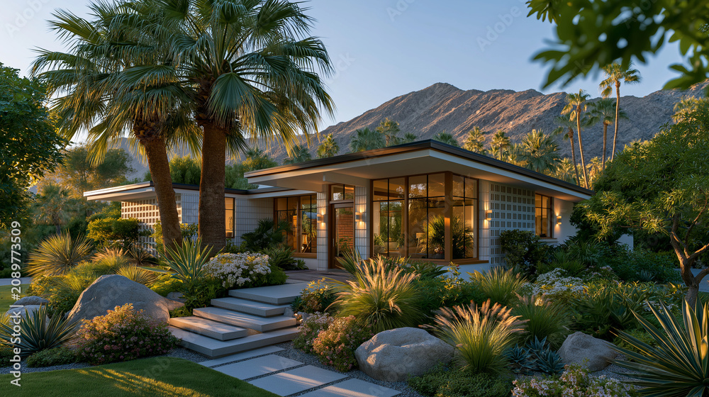 Fototapeta premium Desert Oasis Home: A stunning mid-century modern house nestled amongst lush desert landscaping, featuring palm trees and rocky mountains under a golden sunset sky.