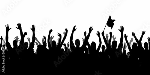 Crowd silhouette with raised hands and a flag against a white background
