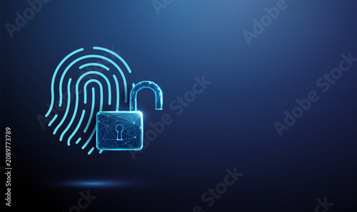 3D blue fingerprint with opened padlock. Cybersecurity, biometric identity, access control, data privacy, secure login, touch scan, detection, authentication concept