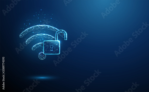 3D blue wifi and opened lock. Cybersecurity, wireless network, data privacy, secure connection, internet safety, signal access, cyber defense, encryption concept