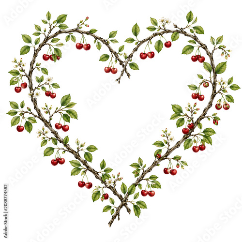 Herzförmiger Rahmen aus Kirschzweigen mit reifen Kirschen, grünen Blättern und zarten Blüten. Detailreiche Naturillustration mit harmonischer Herzform und sommerlichem Pflanzenmotiv.
