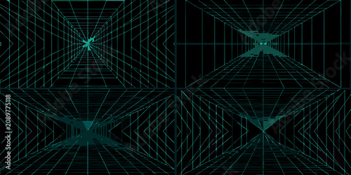 Bild auf Leinwand Cyan Teal Wireframe Grids A Four Panel 3d Geometric Composition