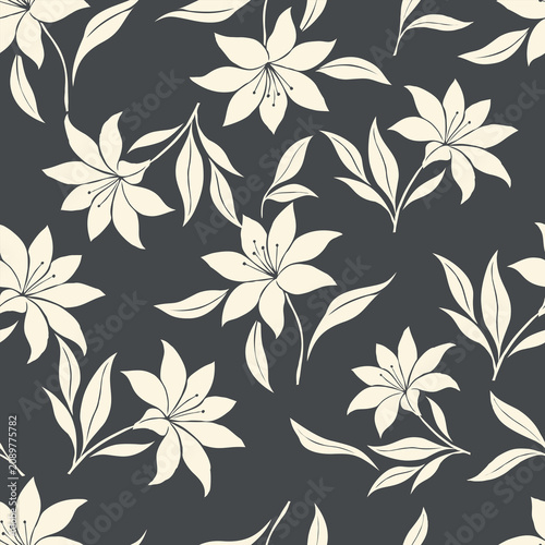 Elegant seamless floral pattern with cream botanical flowers and leaves on dark gray background, minimal vintage nature design for fabric, textile, wallpaper and wrapping paper.