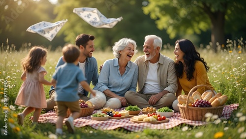 Multigenerational family enjoys a picnic outdoors with food, drinks, and handmade crafts on a sunny day.