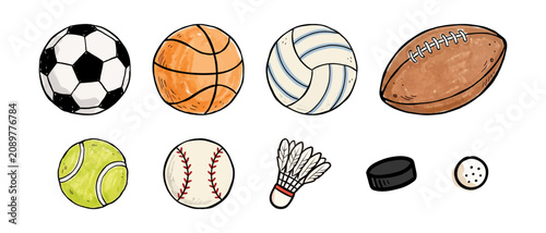 Hand Drawn Sports Equipment Collection with Various Balls and Shuttlecock