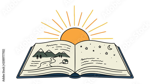 Valokuva Open Book, Sunrise and Dream: An open book displaying a drawn landscape of mountains, a river, and a small house on one page, and a starry night sky on the other, under a radiating sunrise