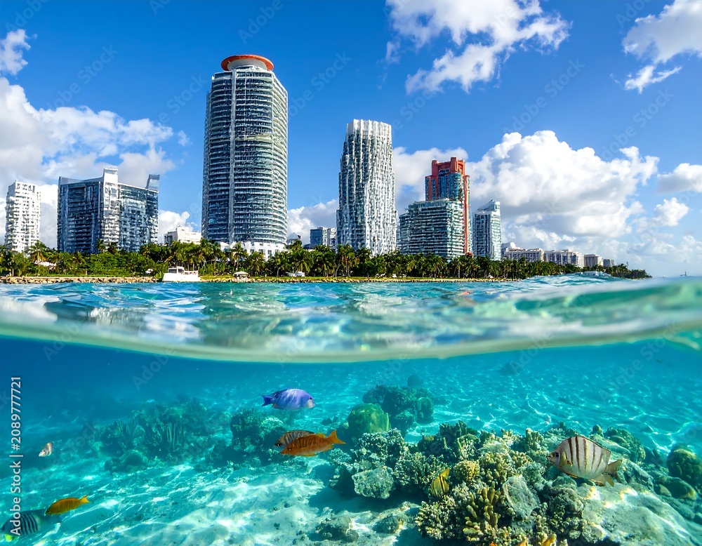 Obraz premium A city skyline meets a vibrant underwater scene with fish and coral