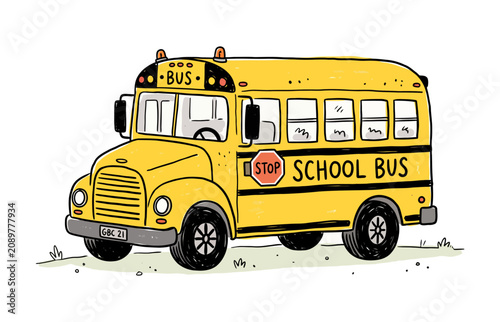 Hand Drawn School Bus Doodle with Watercolor Style