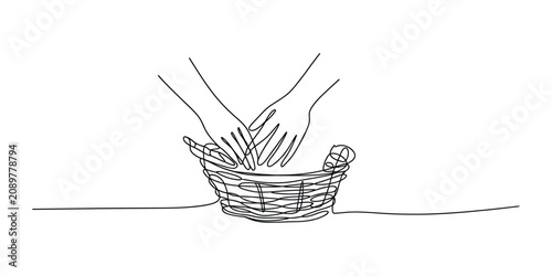 Fotografie Hands reaching into a woven basket line art drawing