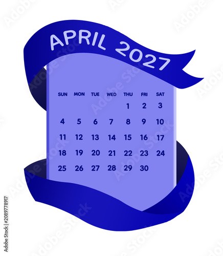 Minimal Blue Ribbon April 2027 Calendar Template with Elegant Flowing Fabric Banner, Modern Monthly Planner, Clean 3D Paper Design, Isolated on Transparent Background, Premium Printable Office 