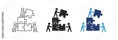 Foto Puzzle and teamwork icon set with people building jigsaw puzzle in editable outl