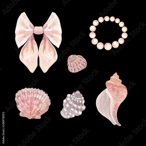 Watercolor set with bow, pearls, seashells, blush and nude tones, isolated on black. Hand-painted elegant elements for fashion design, wedding stationery, branding, beauty packaging, summer projects
