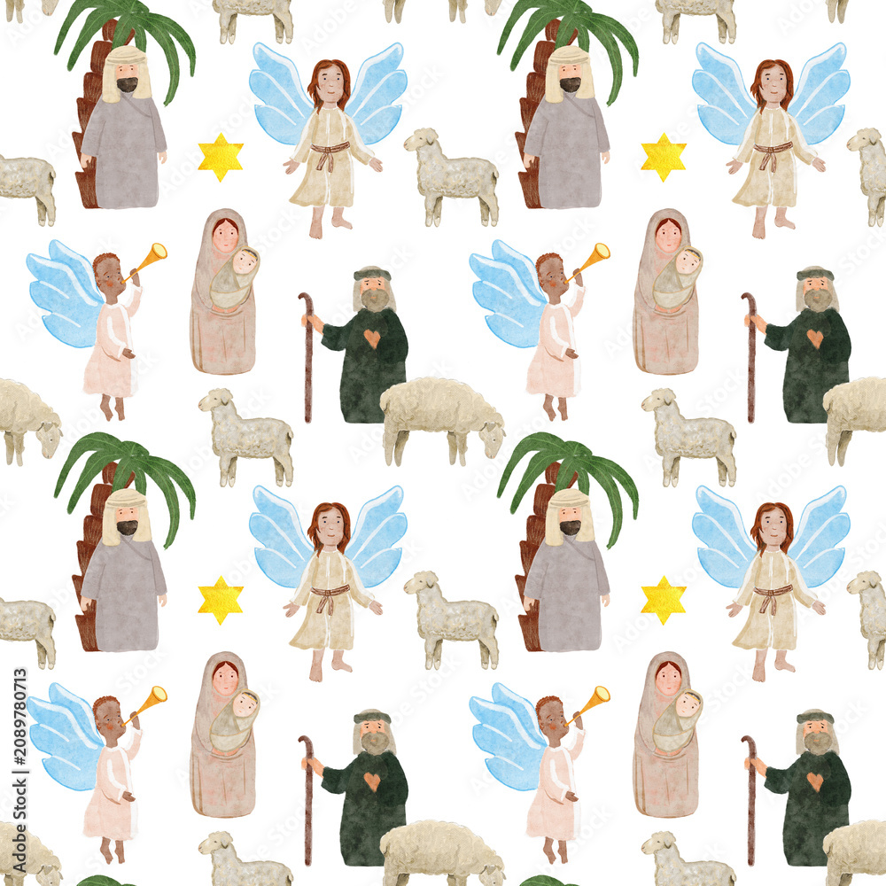 Obraz premium Baby Jesus with Mary, Joseph, shepherds, angels and sheep. Hand-painted watercolor seamless pattern on white. Perfect for Christmas cards, Sunday school, banners, textile and Christian decor. Holy