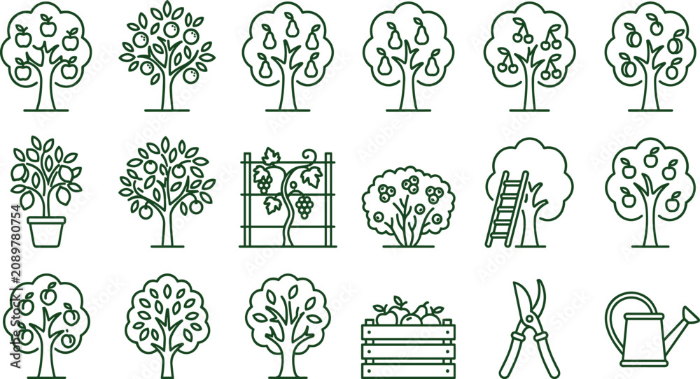Obraz premium Fruit Orchard and Gardening Line Icon Collection Featuring Apple Pear Cherry Trees Vineyard Harvest Tools and Agricultural Vector Set