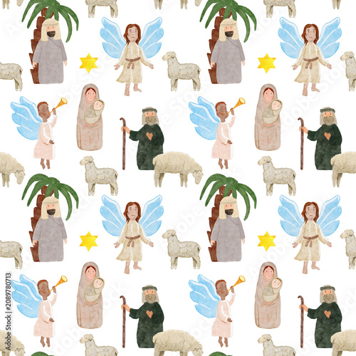 Baby Jesus with Mary, Joseph, shepherds, angels and sheep. Hand-painted watercolor seamless pattern on white. Perfect for Christmas cards, Sunday school, banners, textile and Christian decor. Holy