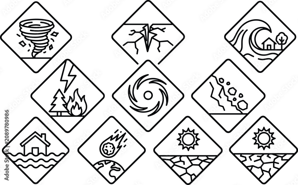 Fototapeta premium Natural Disaster and Climate Hazard Line Icon Collection Featuring Tornado Earthquake Flood Wildfire Drought Hurricane and Extreme Weather Vector Set